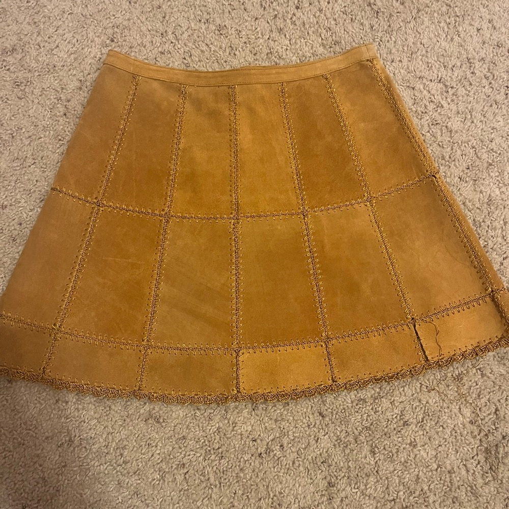 Free People Suede Leather Skirt Crochet Patchwork Scallop Hem Center Back Zip 6